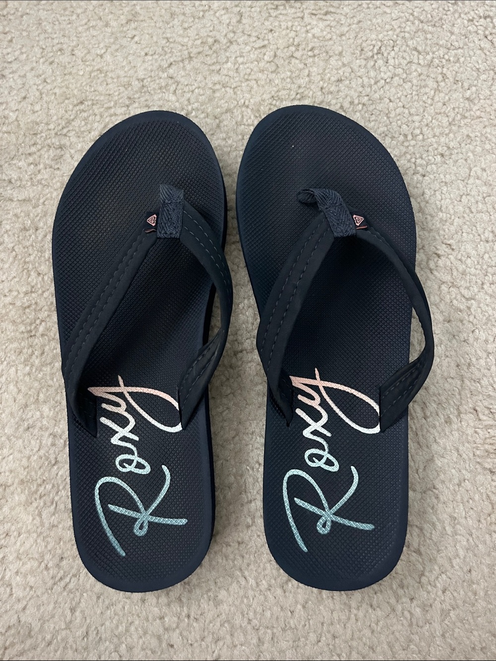 Roxy Black Flip Flops with Pastel Gradient Logo